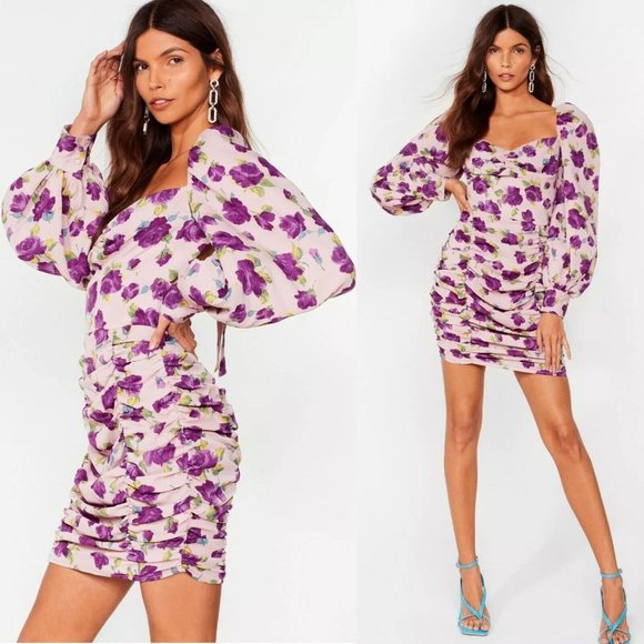 Nasty Gal Dress Purple Floral Print Balloon Sleeve Ruched Mini NWT - Picture 2 of 12